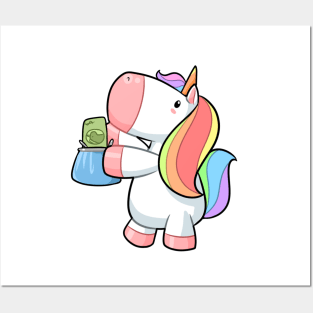 Kawaii unicorn putting money in bags Posters and Art